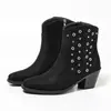 Botines Cortos de Moda Europeos y Americanos con Tacón Grueso y Punta Aguda para Mujer, con Remaches y Cremallera Lateral, Estilo Vaquero Occidental Adelgazante, Venta al por Mayor Transfronteriza