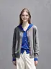 Elegante Cárdigan de Punto con Capucha Color Block Reductor de Edad Nuevo Top de Dos Piezas Falsas de Gama Alta Abrigo Suéter 25801
