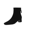Botines cortos de piel de oveja para mujer, punta cuadrada, tacón grueso medio, estilo coreano nuevo otoño e invierno, cremallera trasera, botines cortos de cuero genuino, talla 40