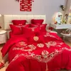 Juego de cuatro piezas para boda, 100% algodón, rojo brillante, para camas de novia, incluye sábanas y fundas de edredón, alta gama, algodón puro, perfecto para el dormitorio de recién casados