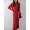 Vestido de Punto de Lana Pura 2026 Otoño/Invierno Nuevo Cuello Redondo Medio Alto Manga Larga para Mujer Dobladillo Retorcido Vestido Largo
