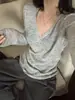 Suéter gris relajado de manga larga para mujer, primavera y otoño, estilo old money, casual, holgado, agradable para la piel, transpirable, camiseta de punto sin botones