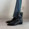 Versão em Pele de Ovelha ~ Bico Fino Simples Aumento Interno Botas Curtas Botas Slim Retrô Zíper Lateral Feminino Aparência Emagrecedora Botas Elásticas