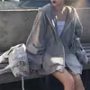 Moletom cinza com zíper fino feminino primavera e outono coreano jaqueta casual plus size solta esportes com capuz