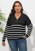 Suéter Feminino Novo Estilo Transfronteiriço Europeu e Americano Tamanho Grande Feminino Tricô Listrado Patchwork Gola Alta com Zíper Solto Suéter Tecido