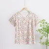 Camiseta Pullover de Algodón y Seda de Verano Talla Grande Holgada para Mamás, Top de Algodón Artificial Estampado de Manga Corta de Algodón y Seda para Mamá