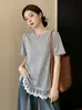 Talla Extra Estilo Coreano Sencillo Versátil Parche con Aplicación de Lazo Patchwork Encaje Cuello Redondo Suéter Camiseta Capa Base