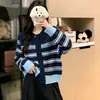 Nuevo cárdigan de punto a rayas con bloques de color color Melard de estilo universitario otoño e invierno para mujer, cárdigan de punto de cuello redondo de un solo pecho