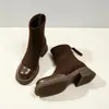 Botas femininas de camurça marrom com solado grosso e salto grosso, versáteis para o dia a dia, bico redondo, zíper traseiro, botas elásticas de ajuste justo, em estoque