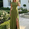 Vestido Largo Europeo y Americano Transfronterizo sin Mangas de Cuello Redondo para Mujer, con Cintura Ajustada, Plisado, Abertura Alta y Detalles de Drapeado, Adecuado para Fiestas de Noche