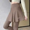Calça-saia de yoga falsa de duas peças para mulheres, calça esportiva de cintura alta, calça tubarão anti-exposição, adequada para uso ao ar livre, fitness, corrida e como calça comprida de camada base