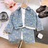 2438Q Niñas 2024 Primavera y Otoño Nuevo Ropa Infantil Mujer Bebé Lindo Floral Chaqueta de Mezclilla Pantalón Recto Conjunto de Dos Piezas
