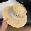 Sombrero de Paja Hueco Estilo Old Money para Mujer, Sombrero de Playa de Verano, Vacaciones en la Playa, Estilo Británico, Elegante, Sombrero de Copa Plana que Adelgaza el Rostro