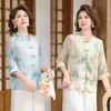 Roupas de Mãe Estilo Novo para Mulheres de Meia-Idade e Idosas de 40-60 Anos, Blusa Estilo Chinês Tamanho Grande, Top de Chiffon para 50 Anos, Roupa de Verão