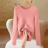 Suéter de punto acanalado beige con cuello redondo para mujer Otoño Invierno Nuevo Estilo Ajustado Prenda de una sola pieza Top de capa base Ropa para mujer Top