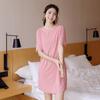Primavera e Verão estilo coreano novo Ice Silk mid-length vestido de manga curta das mulheres saia base cor sólida em torno do pescoço plus size camisola de emagrecimento