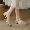 Sandalias tejidas huecas de punta cerrada para mujer, estilo retro con tira en T, tacón bajo, zapatos romanos, sandalias planas de hebilla de verano
