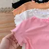 Camiseta base acanalada elástica de manga corta para niñas, lindo top de princesa con cuello de encaje para niñas pequeñas en verano, camiseta de estilo dulce