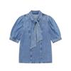 Camisa vaquera lavada con lazo para mujer, traje de falda azul de cintura alta, estilo transfronterizo europeo y americano, novedad de verano de 2023