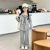 Conjunto de Sudadera con Cremallera Estilo Coreano para Niñas Otoño Nuevo con Pantalones de Pierna Ancha Acampanados, Chaqueta Corta Infantil