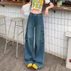 26 jeans de trabajo vintage color azul lavado para mujer, nuevos pantalones rectos de pierna ancha de cintura alta retro americano, admite envío directo