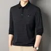 Camiseta de manga larga para hombre, estilo fino, para padres de mediana edad y mayores, ropa de otoño, con bolsillos, cuello camisero, corte holgado, a rayas, camiseta básica para primavera y otoño