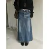 ICCIICC Falda Vaquera Midi Lavada Vintage Efecto Ojo de Gato para Mujer, Abertura Trasera, Línea A, Adelgazante 11104