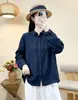 Camisa de gasa de algodón de doble capa para mujer, nuevo estilo de otoño, artística y moderna, con cuello de solapa, bordada, versátil, de manga larga, corte holgado, camisa/cárdigan
