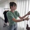 Suéter de Punto Grueso Cálido con Cuello Redondo y Mangas Cortas de Pelo de Alta Gama Dongdaemun Coreano de Uso Individual Top de Punto con Mangas Abullonadas para Mujer