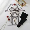 Moda Cruzada Europeia e Americana Decoração de Laço Bordado Pesado Renda Floral Transparente Vazado Sexy Bodycon Fenda Conjunto