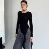 Otoño 2024, nueva camiseta informal sencilla con diseño de tiras de encaje y costuras de hojas de loto para mujer