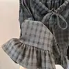 Conjunto de Dos Piezas Ruoxin Otoño Nueva Llegada Top sin Mangas de Cuadros con Tirantes de Volantes + Camisa Pequeña