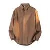 Camisa Masculina de Textura Solta com Manga Longa Design Nicho com Ombro Caído Fechamento Escondido Camisa Casual Bainha Curva Multicor