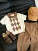 Estilo Coreano Niños Verano 2026 Nuevo Bloque de Color Retro Patrón de Diamantes Cuello Polo Tejido Traje Casual Infantil Pantalones Largos