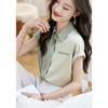 Cross-border Cetim coreano Casual Top 24 verão novo All-match Contrast Color costurando camisa de texto com manga de ombro para as mulheres