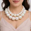 Estilo Retro de Corte Europeo y Americano Collar Choker Grande de Perlas de Color Cálido de Alta Calidad Collar de Moda de Doble Capa Cadena para Clavícula