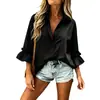 Camisa de solapa de moda transfronteriza europea y americana para mujer, de un solo botón, con múltiples botones, top de manga con volantes y doble bolsillo en el pecho, camisa casual para mujer