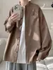 Estilo Old Money, camisa de manga longa com aparência de linho para homens, top casual retrô moderno de outono, camisa casual de corte solto, peça externa