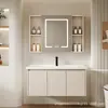 Juego de Gabinetes de Baño de Aluminio Espacial Color Crema con Lavabo de Cerámica Integrado, Estilo Simple
