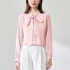 Design Sense Camisa de cetim rosa feminina primavera nova manga longa elegante carreira entrevista camisa laço