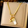 Cadena de Acero Inoxidable Chapada en Oro Estilo Vintage con Lazo, Collar con Colgante de Perla en Forma de Corazón, Collar de Perlas para Mujer