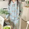 Pijama Nuevo de Primavera y Otoño para Mujer Pantalones de Manga Larga Cárdigan Estilo Coreano Dulce Fresco Ropa de Casa para Estudiantes Traje Largo Doble
