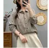 Camisa casual de moda de algodón de doble capa con rayas artísticas, cuello cuadrado, manga larga, holgada, adelgazante, versátil