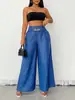Pantalones de Pierna Ancha con Hebilla Metálica a la Moda, Pantalones Largos de Cintura Alta, Pantalones de Traje Casual Versátiles, Ropa Femenina Transfronteriza, Venta al por Mayor de una Pieza