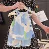 Nuevo conjunto de tirantes estilo pintura al óleo de verano para niñas, falda con tirantes y pantalones de dos piezas, conjunto de chaleco y falda de estilo occidental para bebés y niñas, celebridad de internet