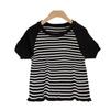 Camiseta de Manga Corta a Rayas Retro Estilo Japonés para Mujer Verano Tejida Nueva Ins Estilo Hong Kong Chic Corta Top de Punto Chica Picante