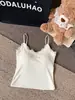 Camisola Blanca de Encaje con Cuello en V para Mujer, Verano, Corta, Ajustada, Sin Mangas, con Almohadilla en el Pecho