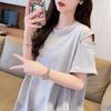 Talla Grande Gordo mm Algodón Puro Corte Descubierto Hombros Caídos Manga Corta Camiseta de Mujer 2025 Nuevo Estilo Caliente Verano Holgada Cubre Carne Top