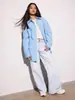 Camisa para mujer de rayas verticales azul claro, superventas transfronteriza europea y americana, con cuello camisero, hombros caídos, corte holgado, adecuada para ir al trabajo, para llevar en capas y para uso casual, camisa de manga larga