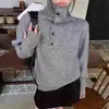 Suéter de Tricô Macio e Aconchegante Estilo Preguiçoso Outono/Inverno, Gola Alta Soltinha, Meio Botão, Manga Longa, Feminino, Redutor de Idade